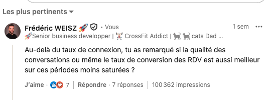 Commentaire LinkedIn de Frédéric à 100 362 impressions