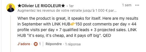 LinkedIn comment from Olivier — 150 comments per day, 44 profile visits per day