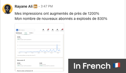 Testimonial from Rayane — +1200% impressions, +830% new followers