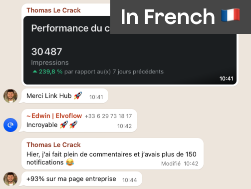 Testimonial from Thomas — 30,487 impressions, +239.8% vs the previous 7 days